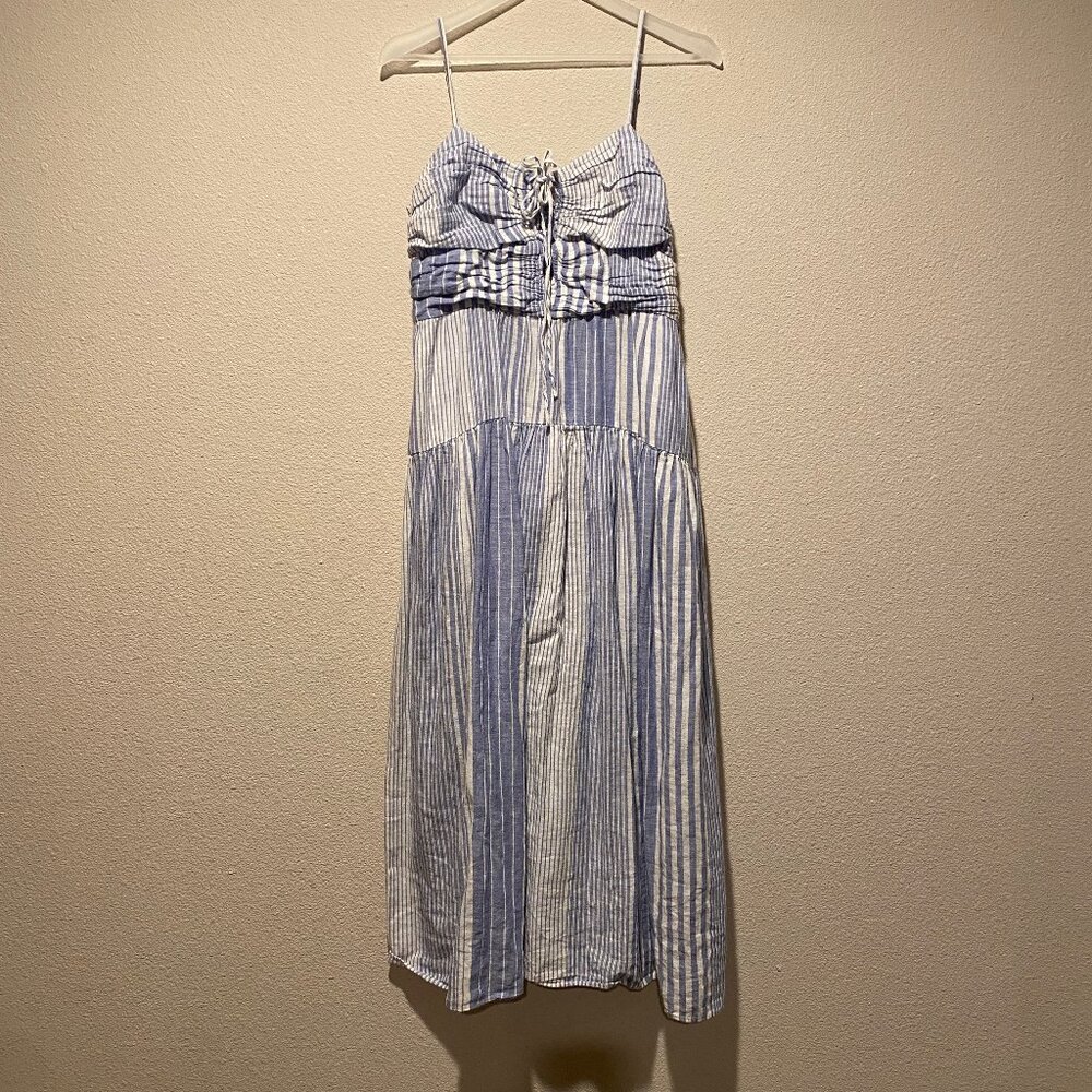 Lucky Brand Blue White Striped Midi Dress Large Cottagecore Pockets